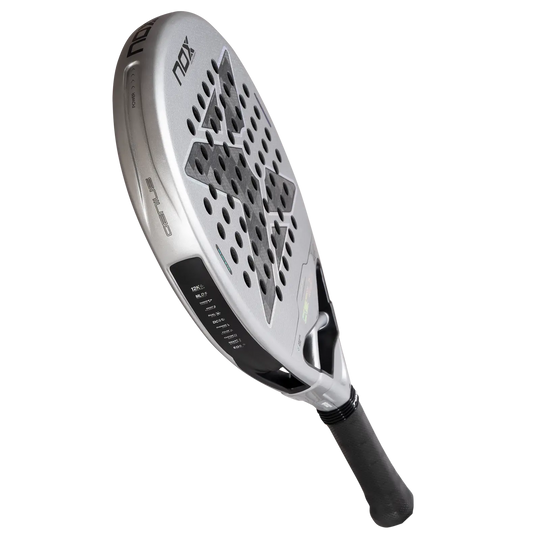 NOX Genius 12K Alum XTREM 2027 padel racket angled view showing silver carbon face, frame profile and black grip