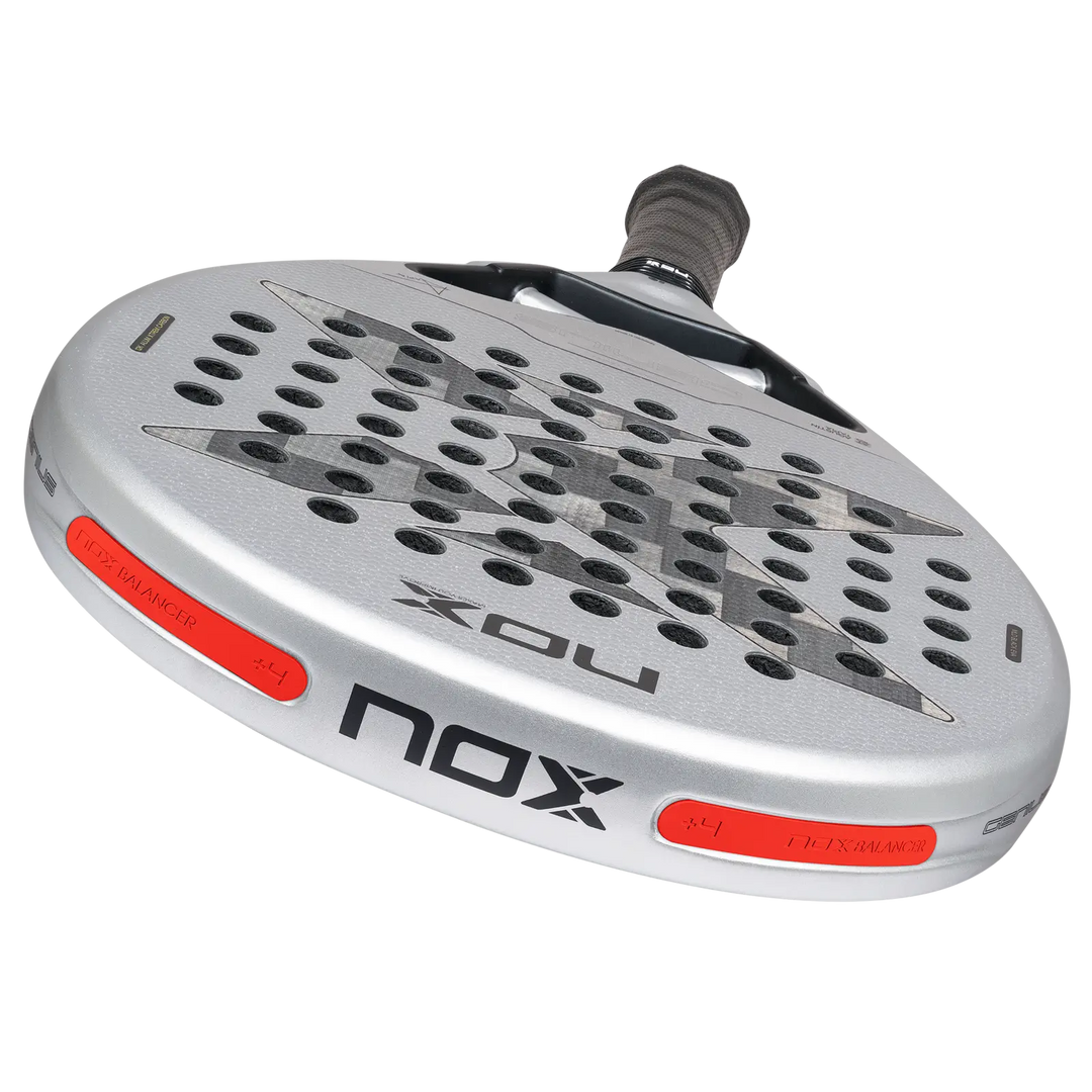NOX Genius 12K Alum XTREM 2027 padel racket showing silver carbon face and red NOX Balancer +4 weight inserts