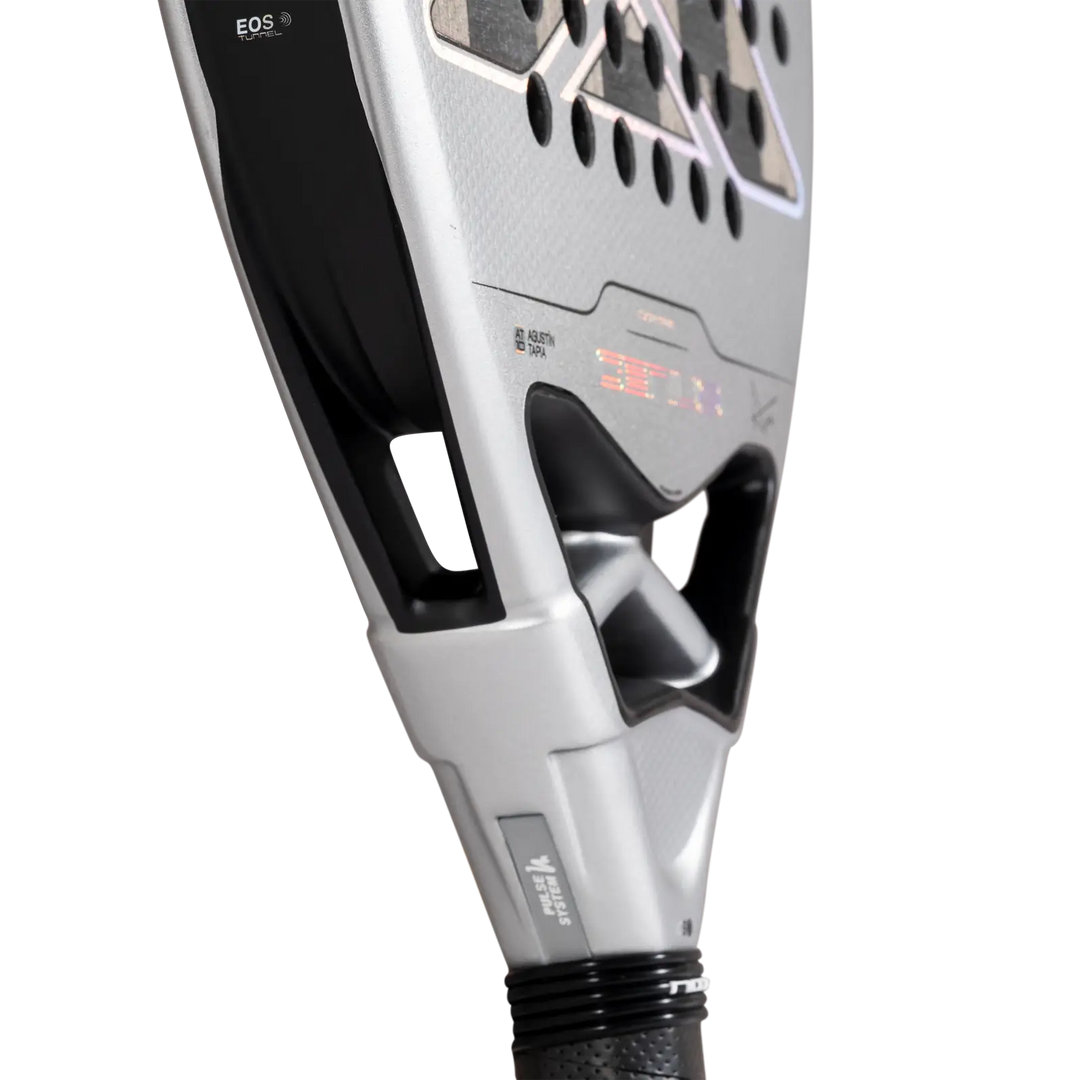 Close-up of NOX Genius 12K Alum XTREM 2027 showing the EOS Tunnel, reinforced throat and silver frame design