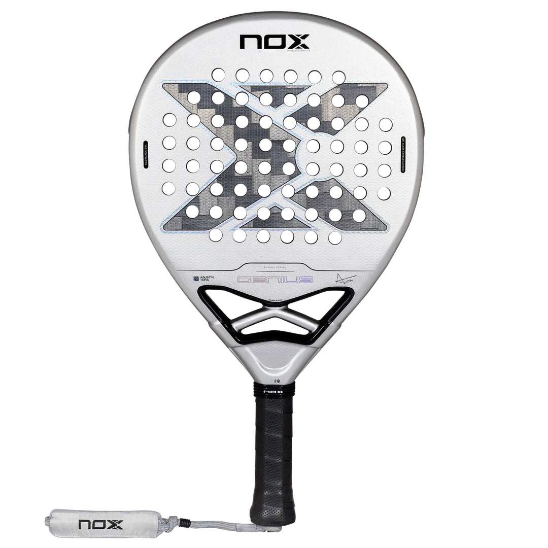 Front view of the NOX Genius 12K Alum XTREM 2027 padel racket with silver face, black X design and perforated surface