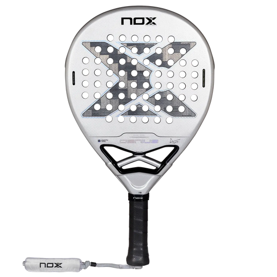 Front view of the NOX Genius 12K Alum XTREM 2027 padel racket with silver face, black X design and perforated surface