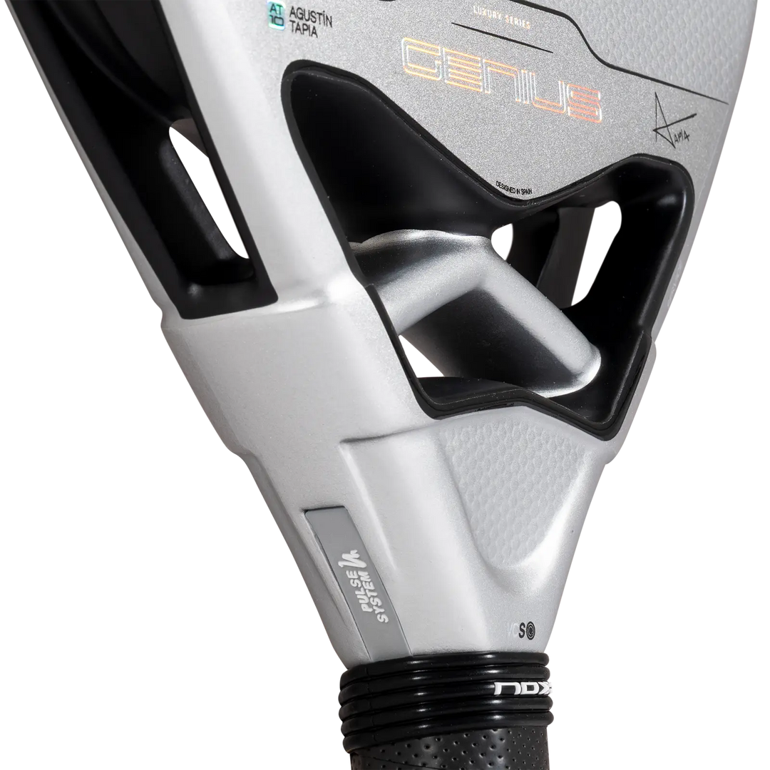 NOX Genius 12K Alum XTREM 2027 throat close-up showing Pulse System, Agustín Tapia branding and black frame reinforcement