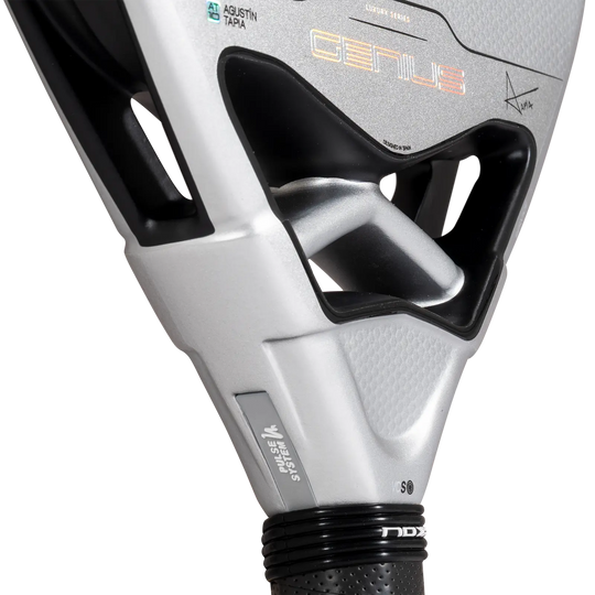 NOX Genius 12K Alum XTREM 2027 throat close-up showing Pulse System, Agustín Tapia branding and black frame reinforcement