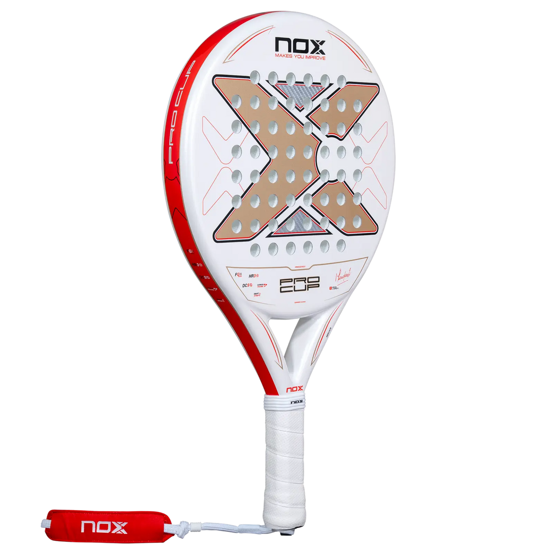 Nox ML10 Pro Cup Coorp 2027 padel racket angled front view showing white face, gold X design and red frame