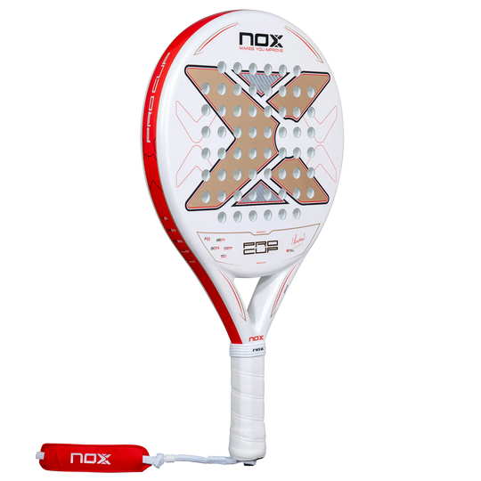 Nox ML10 Pro Cup Coorp 2027 padel racket angled front view showing white face, gold X design and red frame