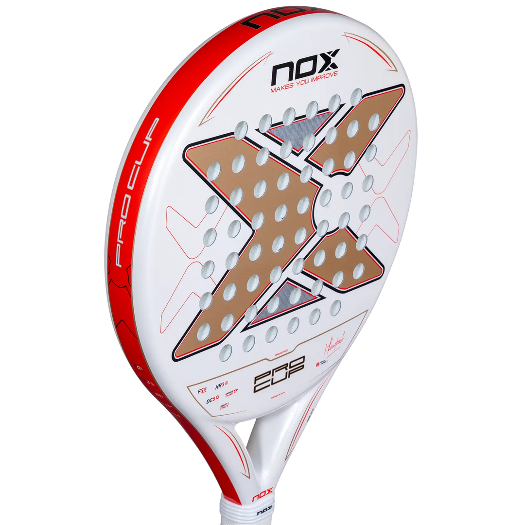 Nox ML10 Pro Cup Coorp 2027 padel racket close-up showing gold face graphics and red Pro Cup frame