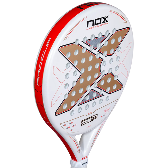 Nox ML10 Pro Cup Coorp 2027 padel racket close-up showing gold face graphics and red Pro Cup frame