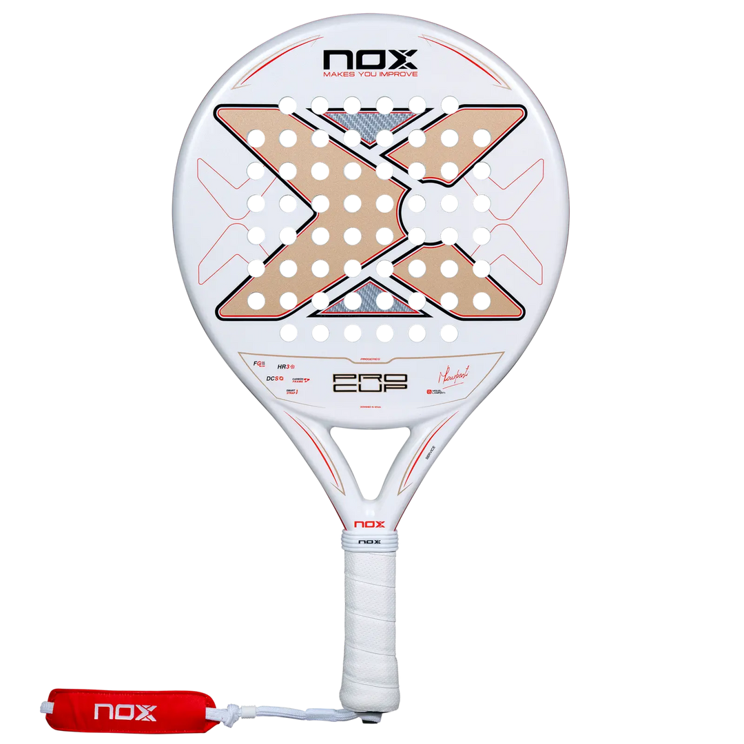 Nox ML10 Pro Cup Coorp 2027 padel racket full front view with white and gold face and red wrist strap