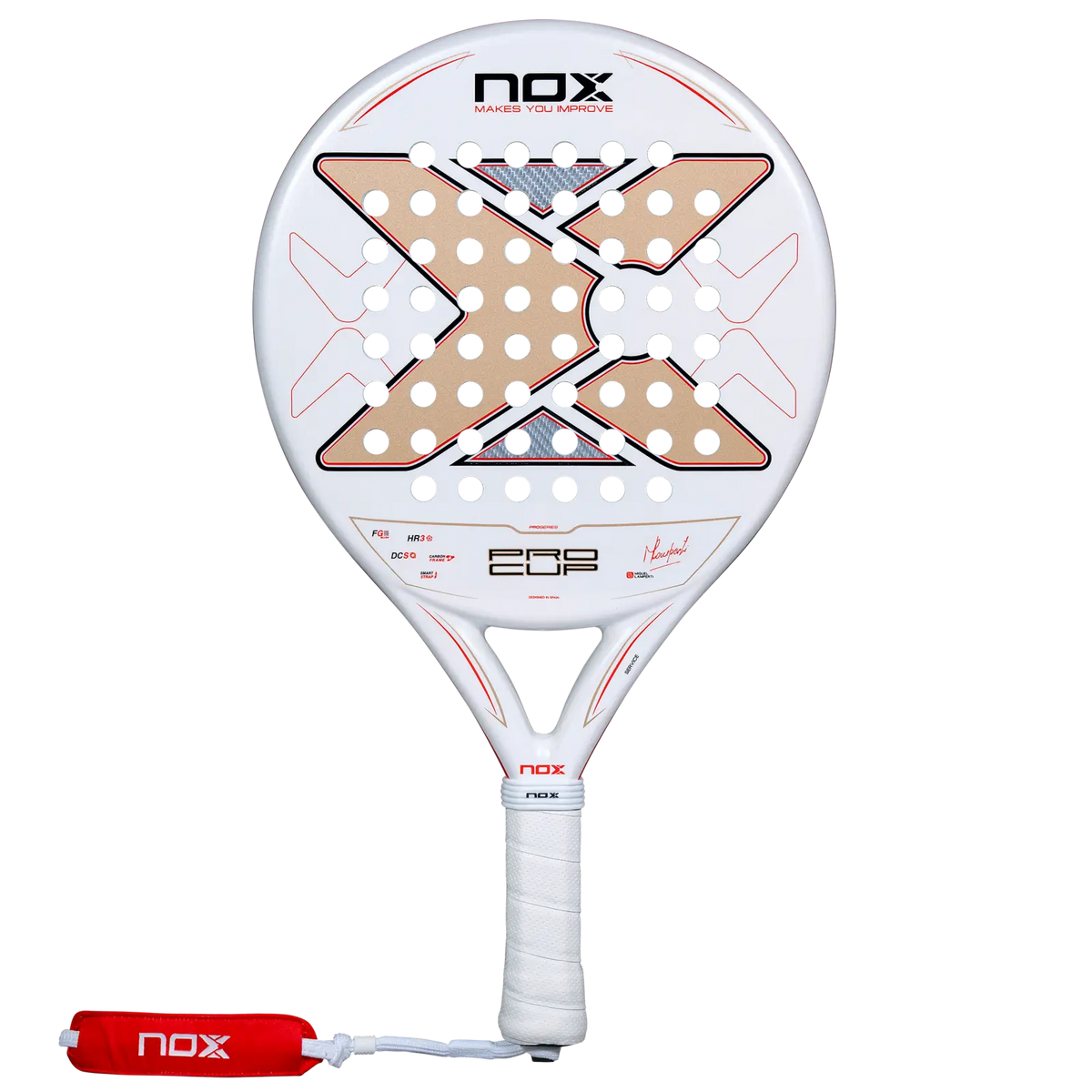 Nox ML10 Pro Cup Coorp 2027 padel racket full front view with white and gold face and red wrist strap