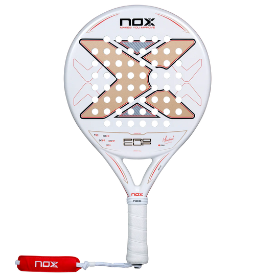 Nox ML10 Pro Cup Coorp 2027 padel racket full front view with white and gold face and red wrist strap