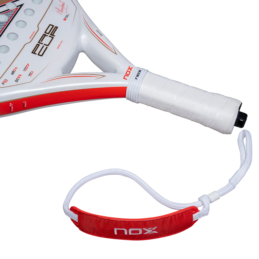 Nox ML10 Pro Cup Coorp 2027 padel racket white grip and red Smartstrap wrist cord close-up