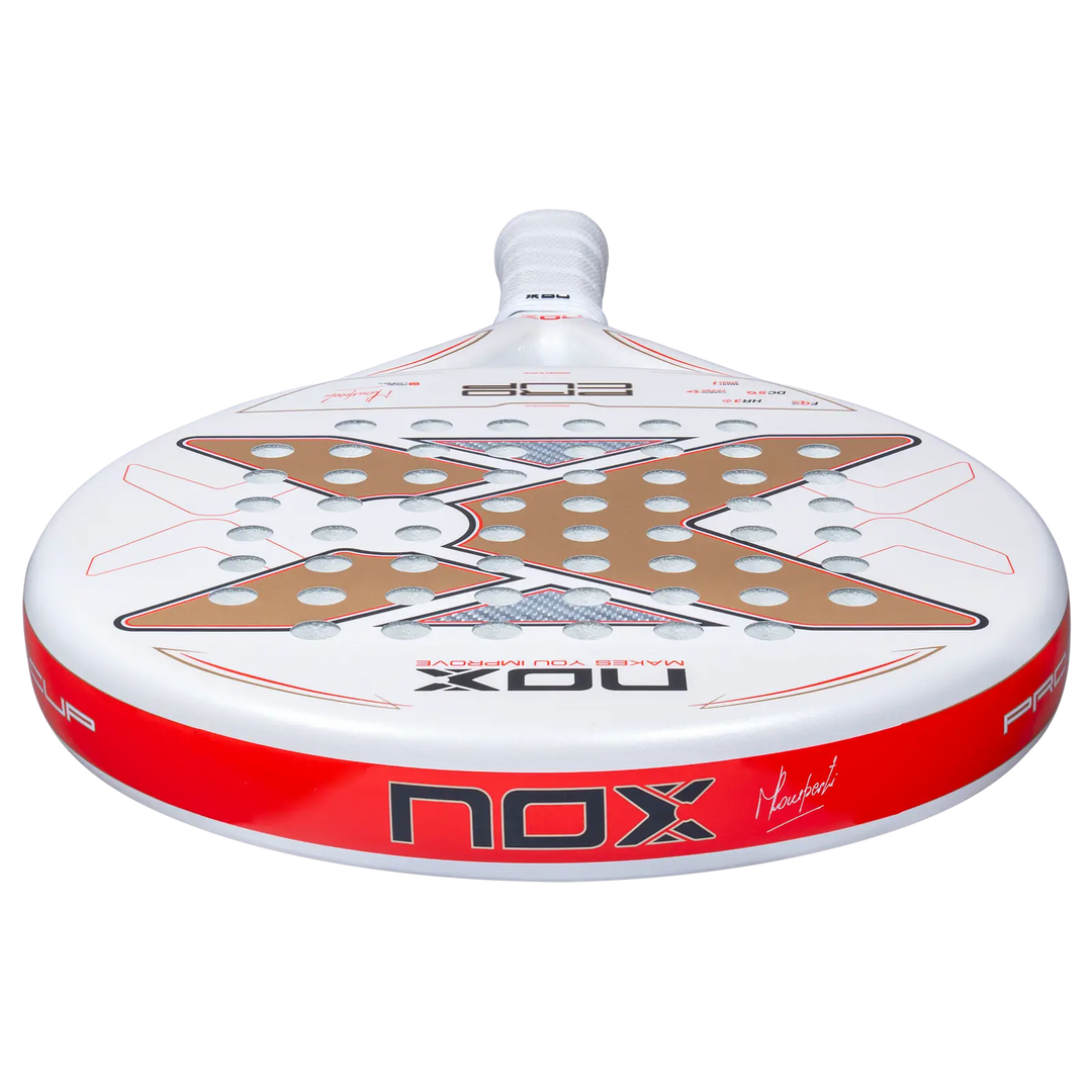 Nox ML10 Pro Cup Coorp 2027 padel racket viewed from below showing gold face design and red frame