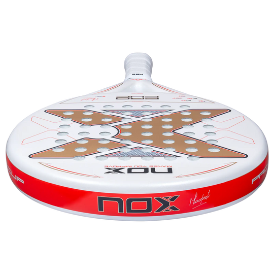 Nox ML10 Pro Cup Coorp 2027 padel racket viewed from below showing gold face design and red frame