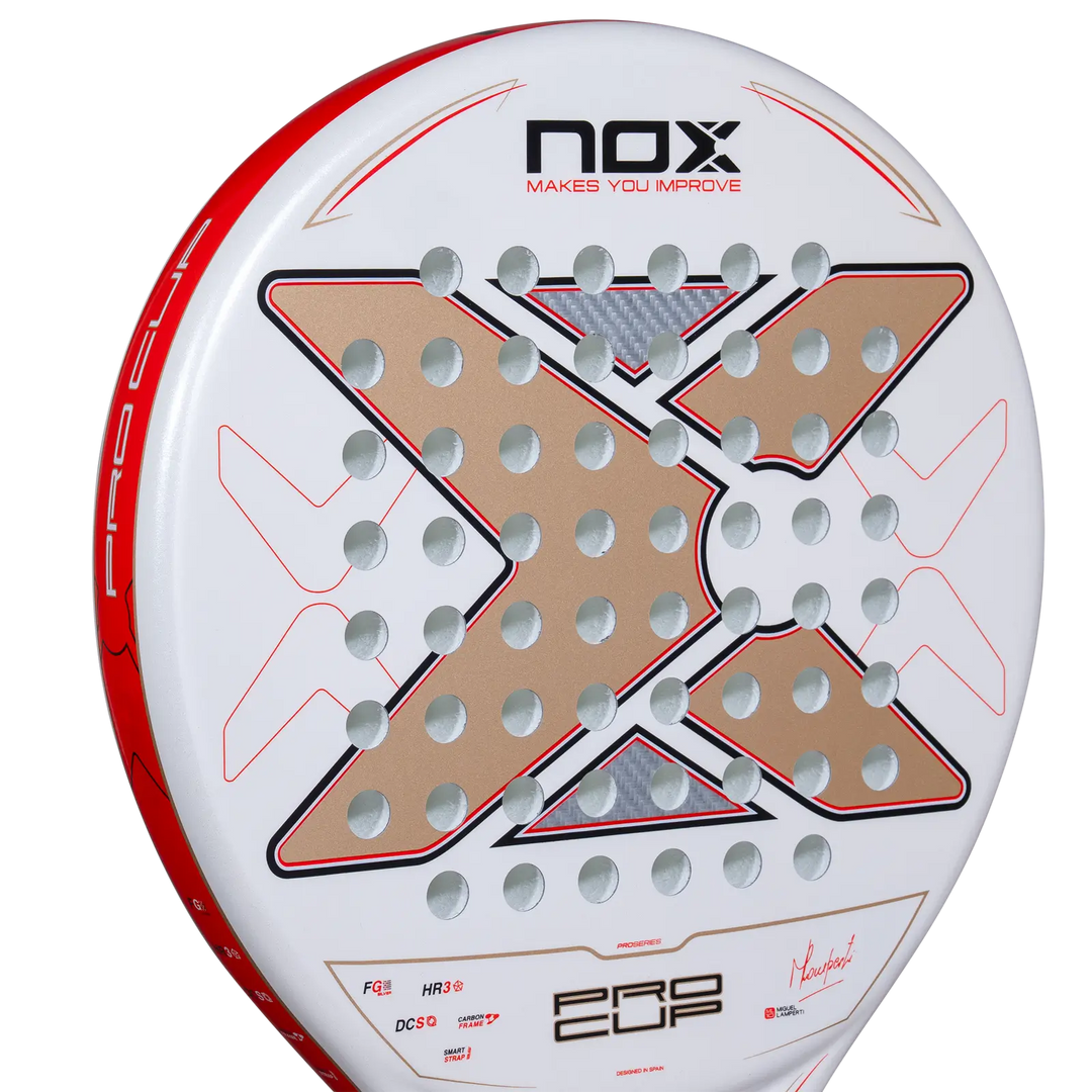 Nox ML10 Pro Cup Coorp 2027 padel racket head showing white face, gold X design and red edging