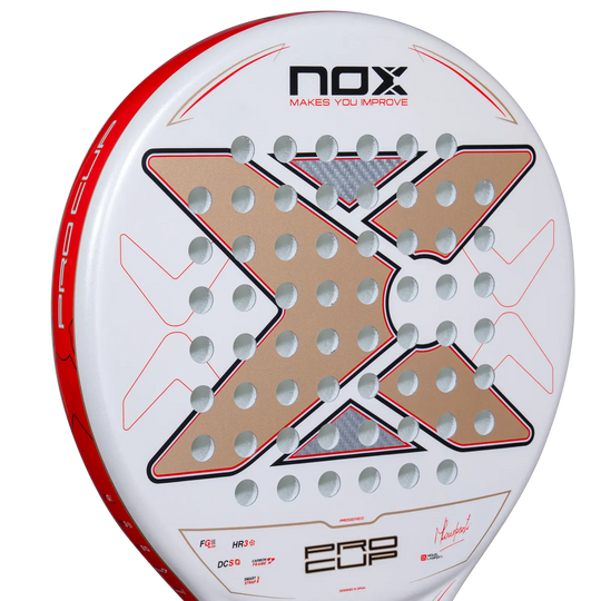 Nox ML10 Pro Cup Coorp 2027 padel racket head showing white face, gold X design and red edging