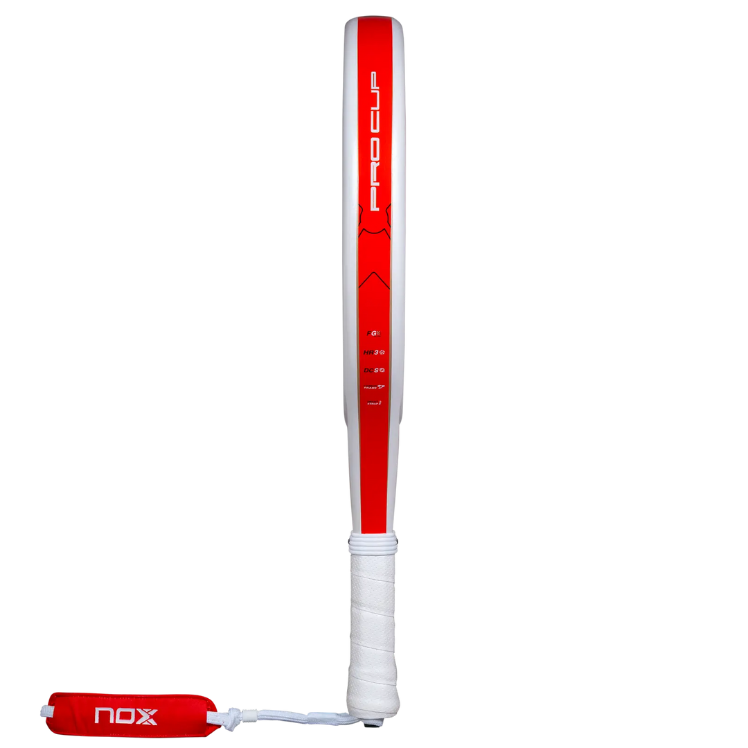 Nox ML10 Pro Cup Coorp 2027 padel racket side profile showing red frame, white grip and wrist strap