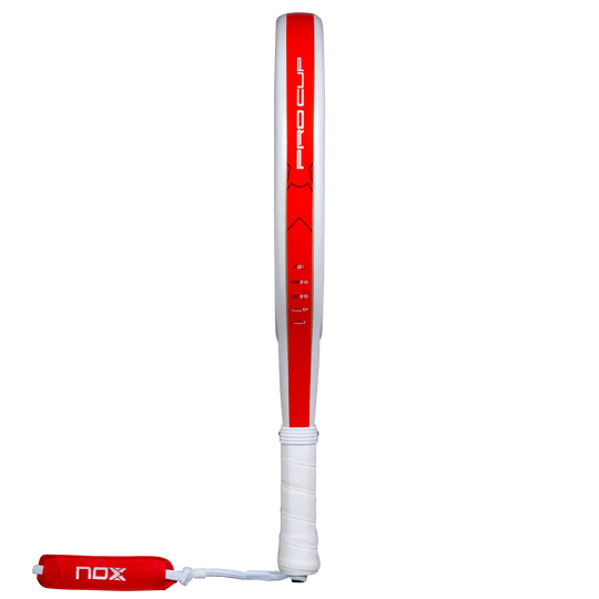 Nox ML10 Pro Cup Coorp 2027 padel racket side profile showing red frame, white grip and wrist strap