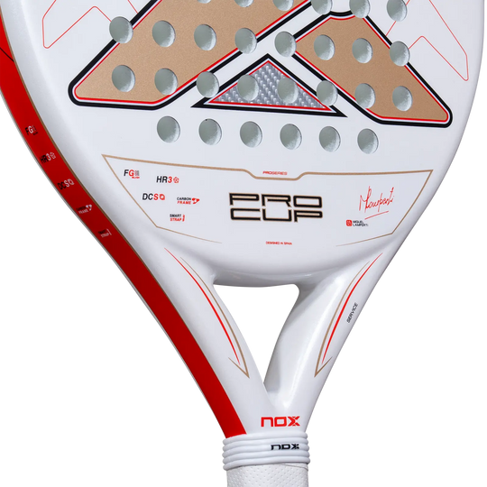 Nox ML10 Pro Cup Coorp 2027 padel racket showing Miguel Lamperti signature, Pro Cup branding and white throat