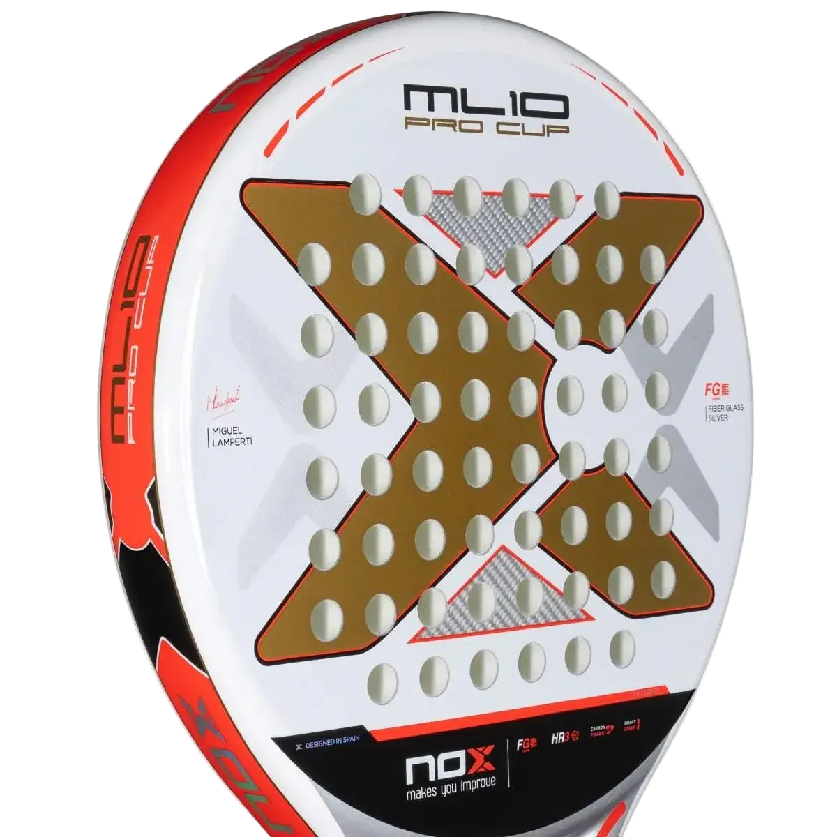 Nox ML10 Pro Cup Coorp padel racket angled view showing white face and gold X design, designed for advanced players
