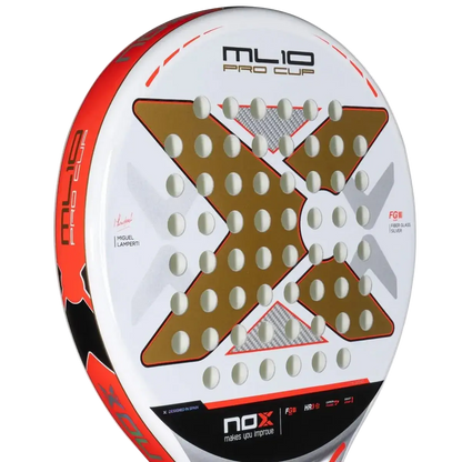 Nox ML10 Pro Cup Coorp padel racket angled view showing white face and gold X design, designed for advanced players