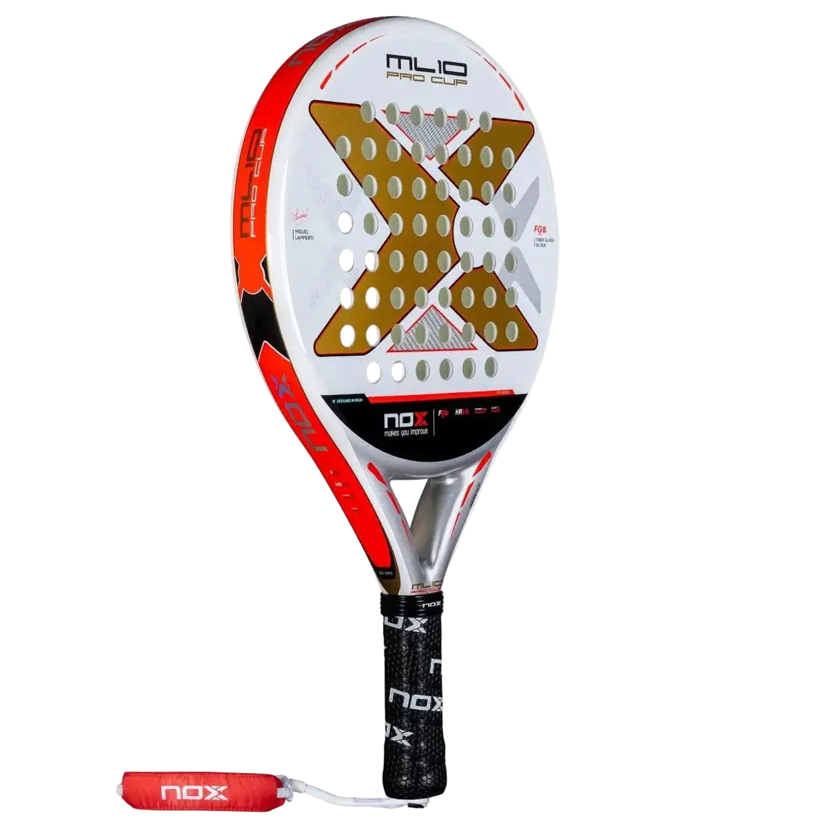 Angled full view of Nox ML10 Pro Cup Coorp padel racket highlighting classic control design, designed for advanced players