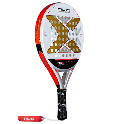 Angled full view of Nox ML10 Pro Cup Coorp padel racket highlighting classic control design, designed for advanced players