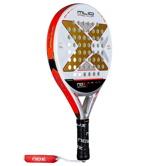Angled full view of Nox ML10 Pro Cup Coorp padel racket highlighting classic control design, designed for advanced players