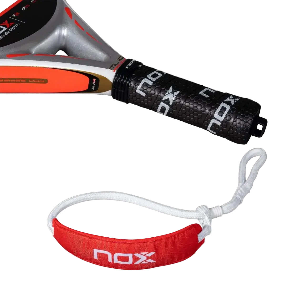 Nox ML10 Pro Cup Coorp padel racket handle close up with grip texture and wrist strap, designed for advanced players