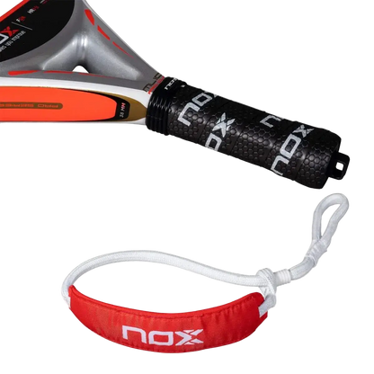 Nox ML10 Pro Cup Coorp padel racket handle close up with grip texture and wrist strap, designed for advanced players