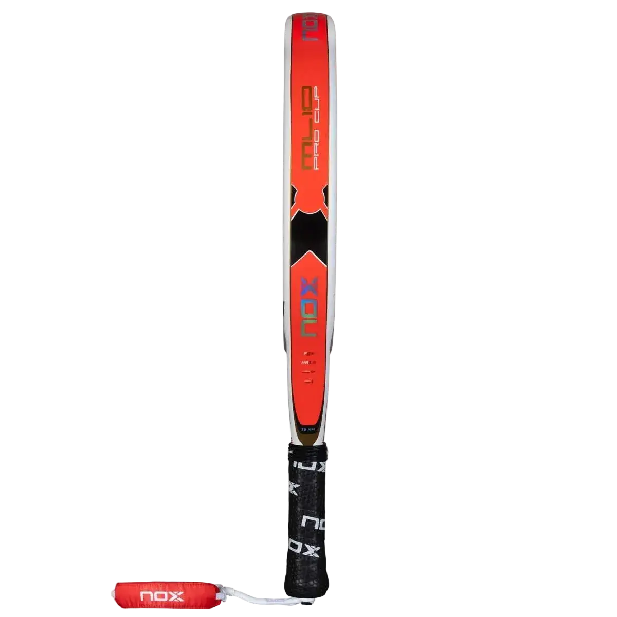 Side profile of Nox ML10 Pro Cup Coorp padel racket showing frame thickness and stability, designed for advanced players