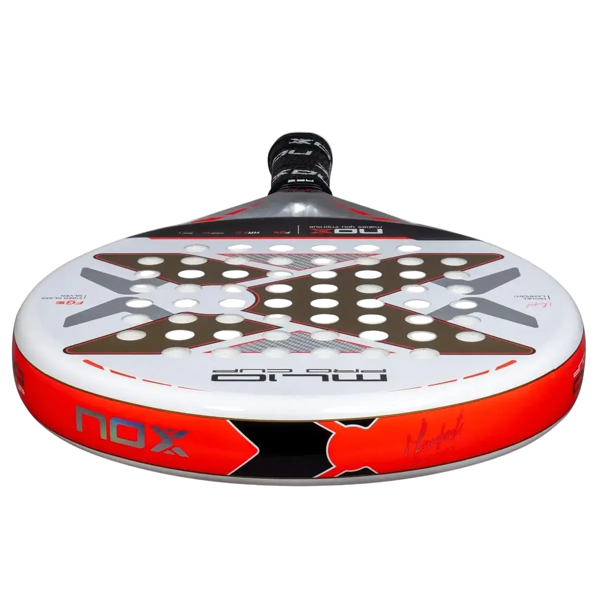 Underside view of Nox ML10 Pro Cup Coorp padel racket showing hole pattern and balance, designed for advanced players