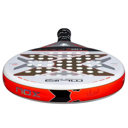 Underside view of Nox ML10 Pro Cup Coorp padel racket showing hole pattern and balance, designed for advanced players