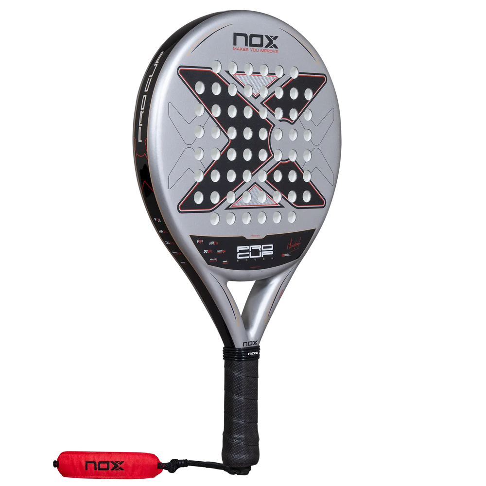Angled view of Nox ML10 Pro Cup Rough 2027 padel racket showing silver face and black frame