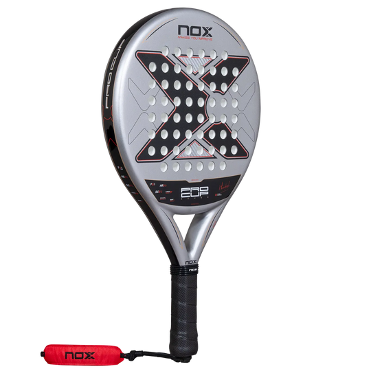 Angled view of Nox ML10 Pro Cup Rough 2027 padel racket showing silver face and black frame