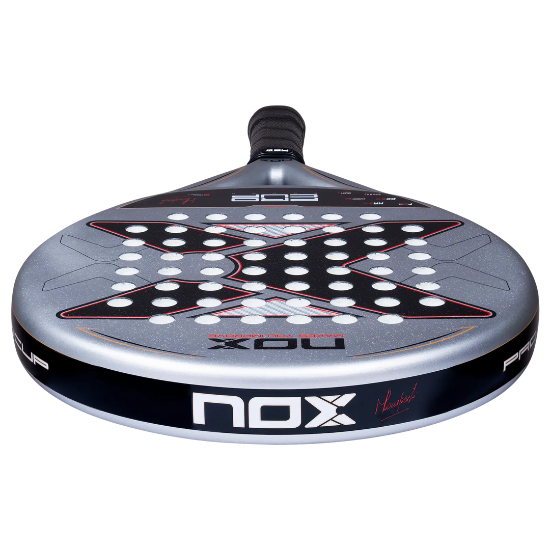 Low-angle view of Nox ML10 Pro Cup Rough 2027 padel racket showing frame thickness and NOX branding