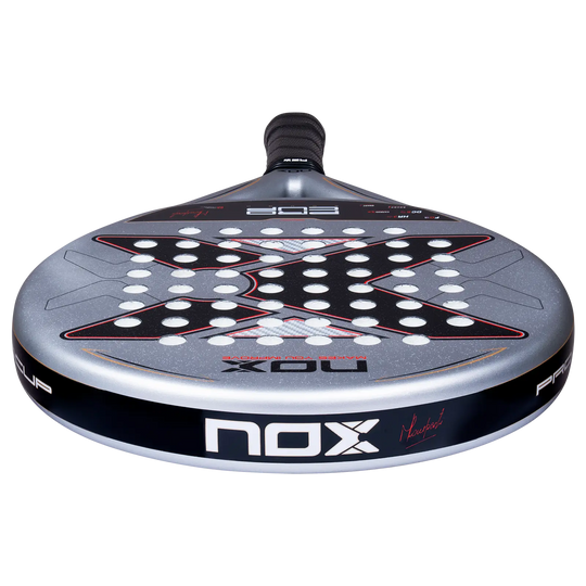 Low-angle view of Nox ML10 Pro Cup Rough 2027 padel racket showing frame thickness and NOX branding
