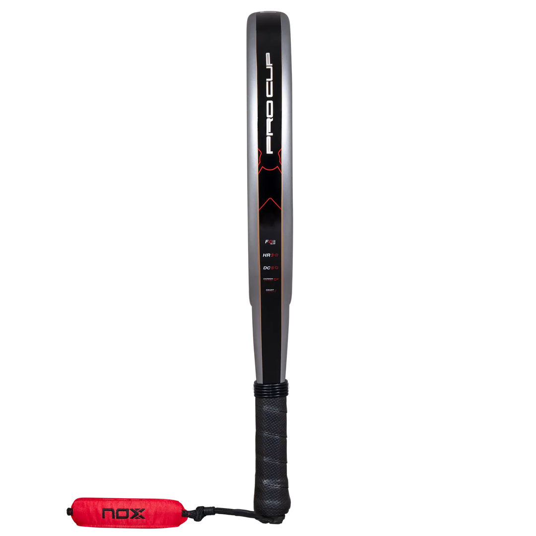 Side profile of Nox ML10 Pro Cup Rough 2027 padel racket showing black PRO CUP frame and handle