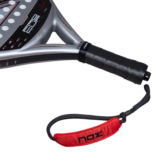 Nox ML10 Pro Cup Rough 2027 racket handle with black grip, silver throat and red NOX wrist strap