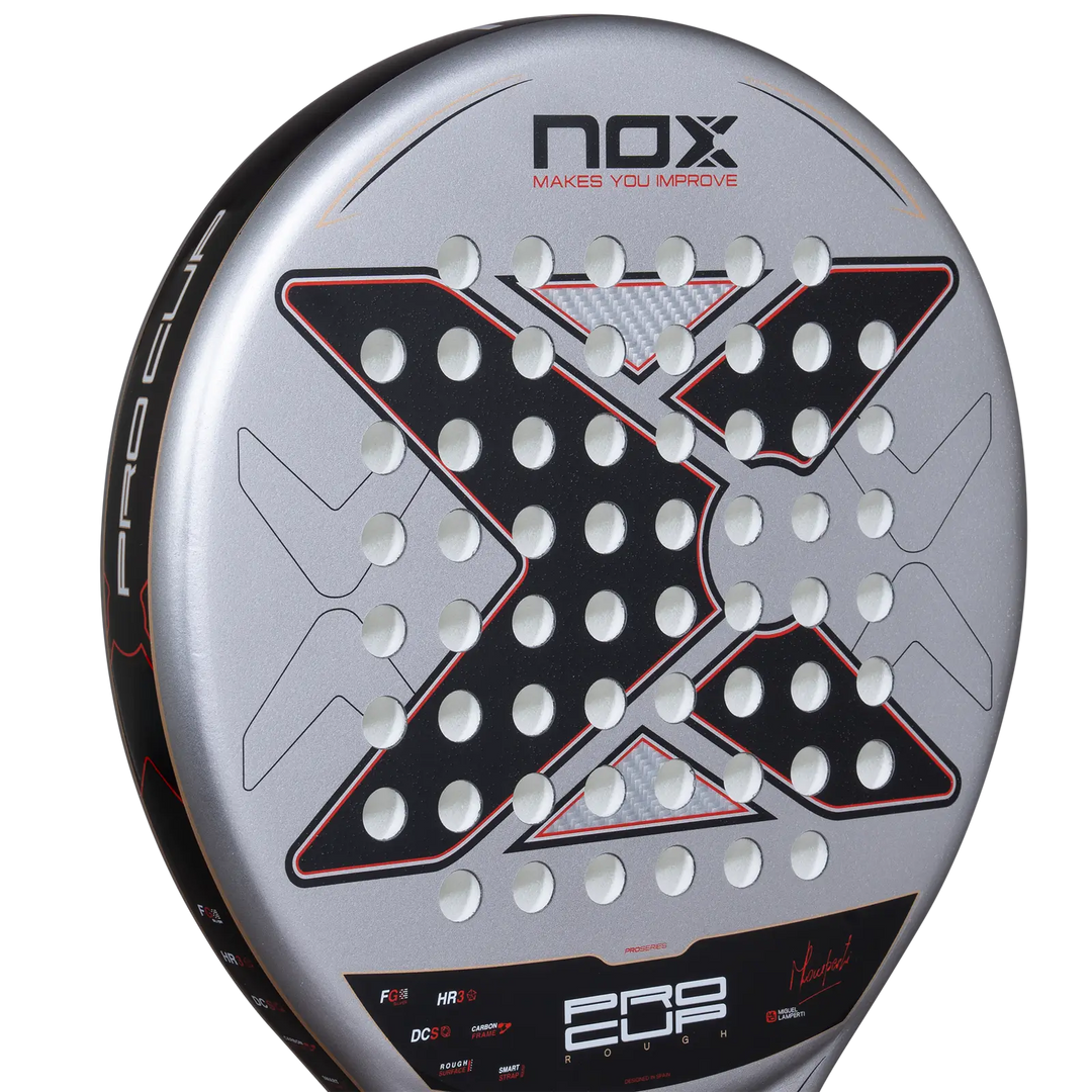 Close-up of Nox ML10 Pro Cup Rough 2027 racket face showing rough surface and black and red X design