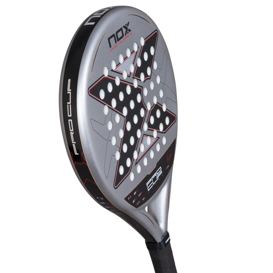 Three-quarter view of Nox ML10 Pro Cup Rough 2027 padel racket displaying rounded head and PRO CUP frame branding