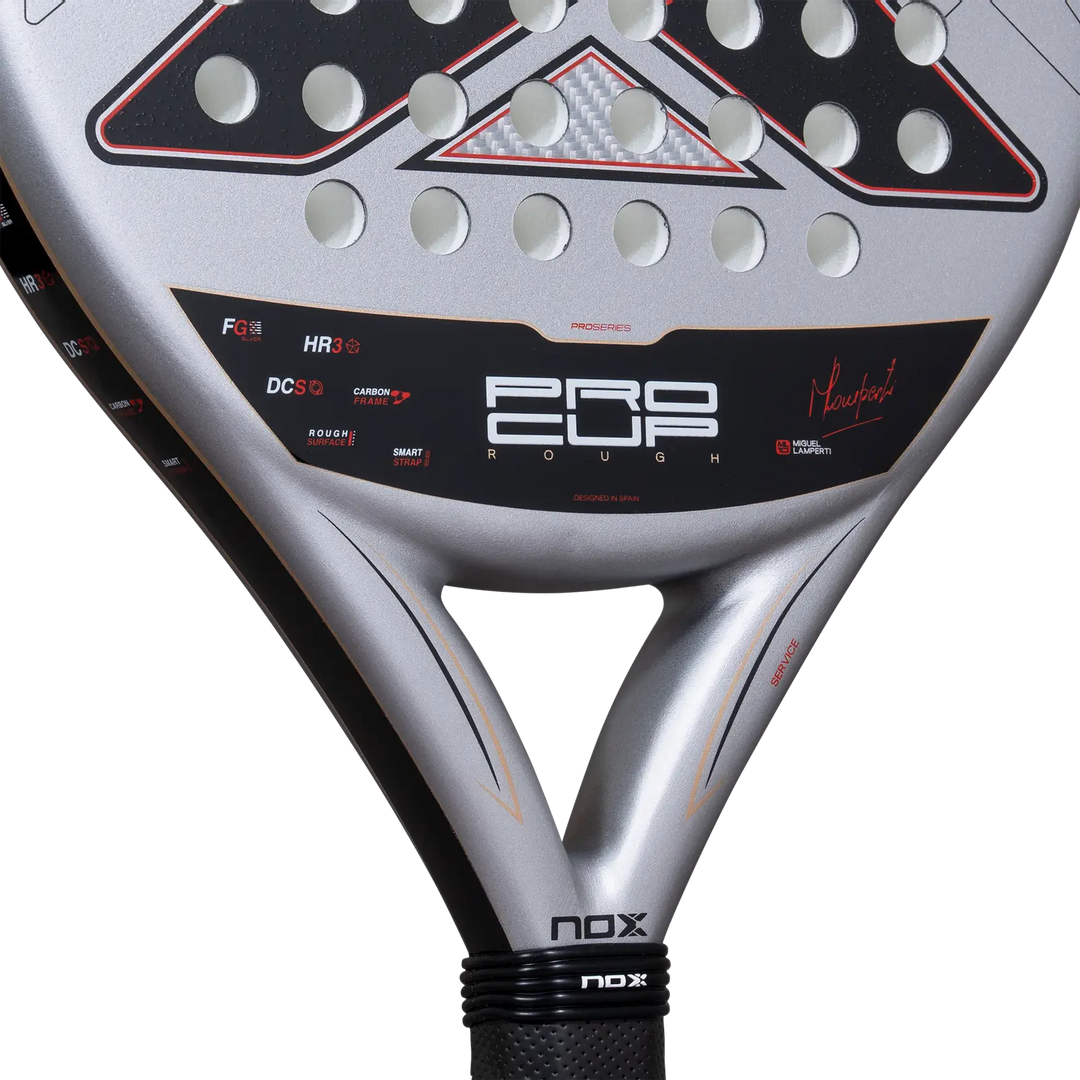Nox ML10 Pro Cup Rough 2027 close-up showing Miguel Lamperti signature, racket technologies and silver throat