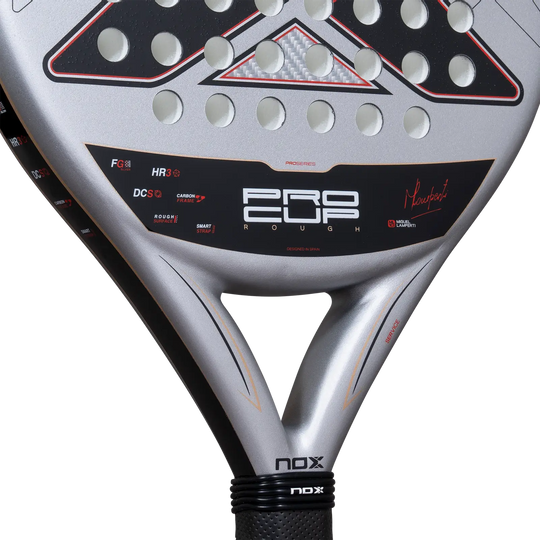 Nox ML10 Pro Cup Rough 2027 close-up showing Miguel Lamperti signature, racket technologies and silver throat