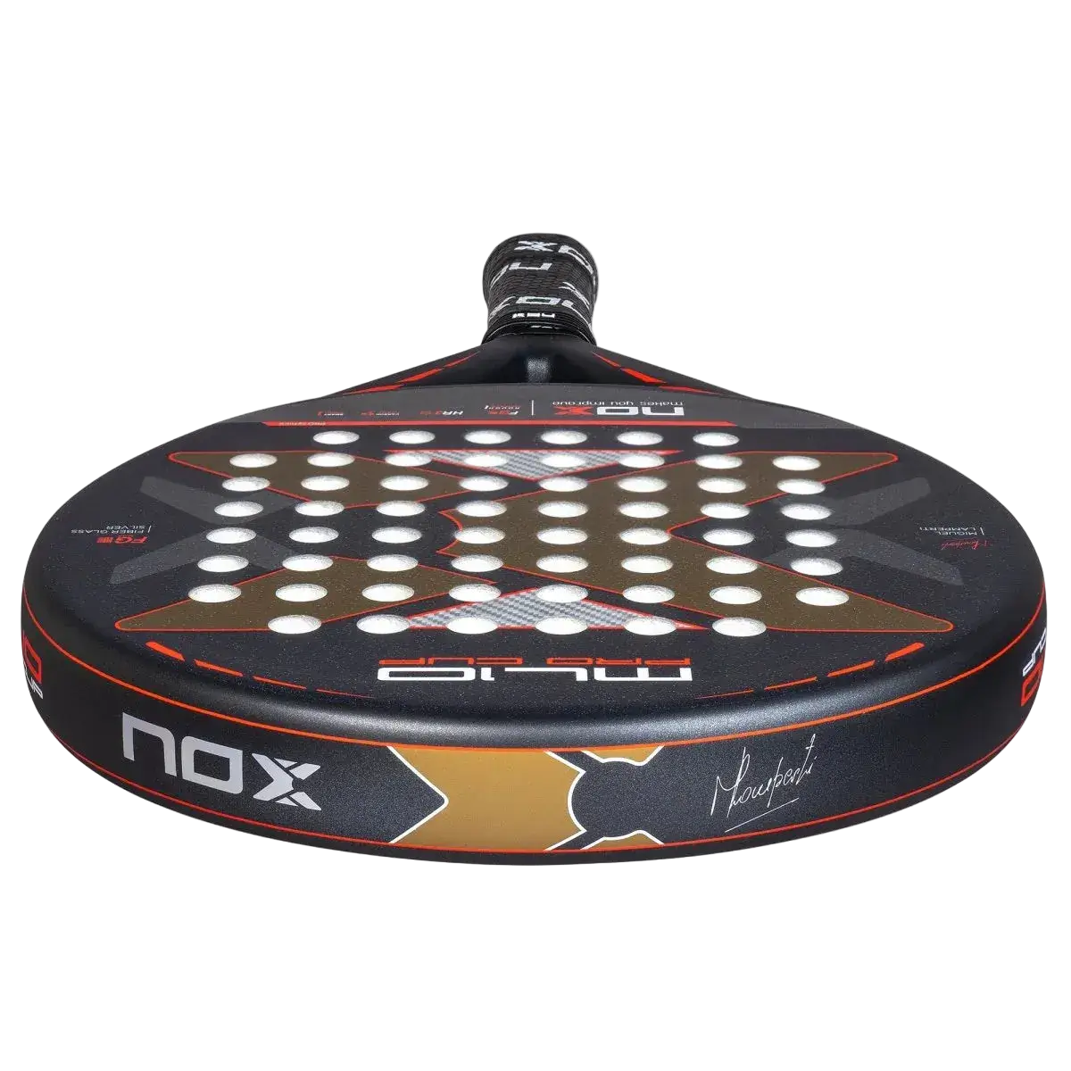 Nox ML10 Pro Cup Silver 2025 padel racket face close up showing hole pattern and control focused surface, designed for intermediate players