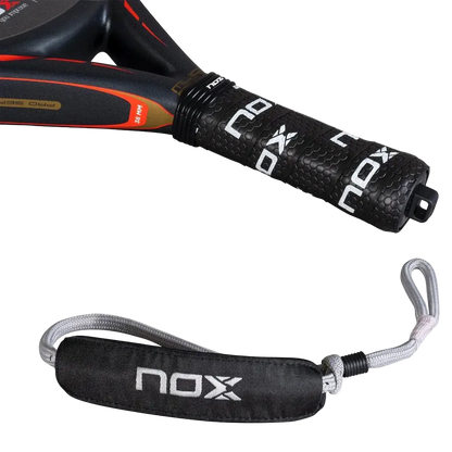 Nox ML10 Pro Cup Silver 2025 padel racket handle grip detail showing ergonomic grip and wrist strap, designed for intermediate players