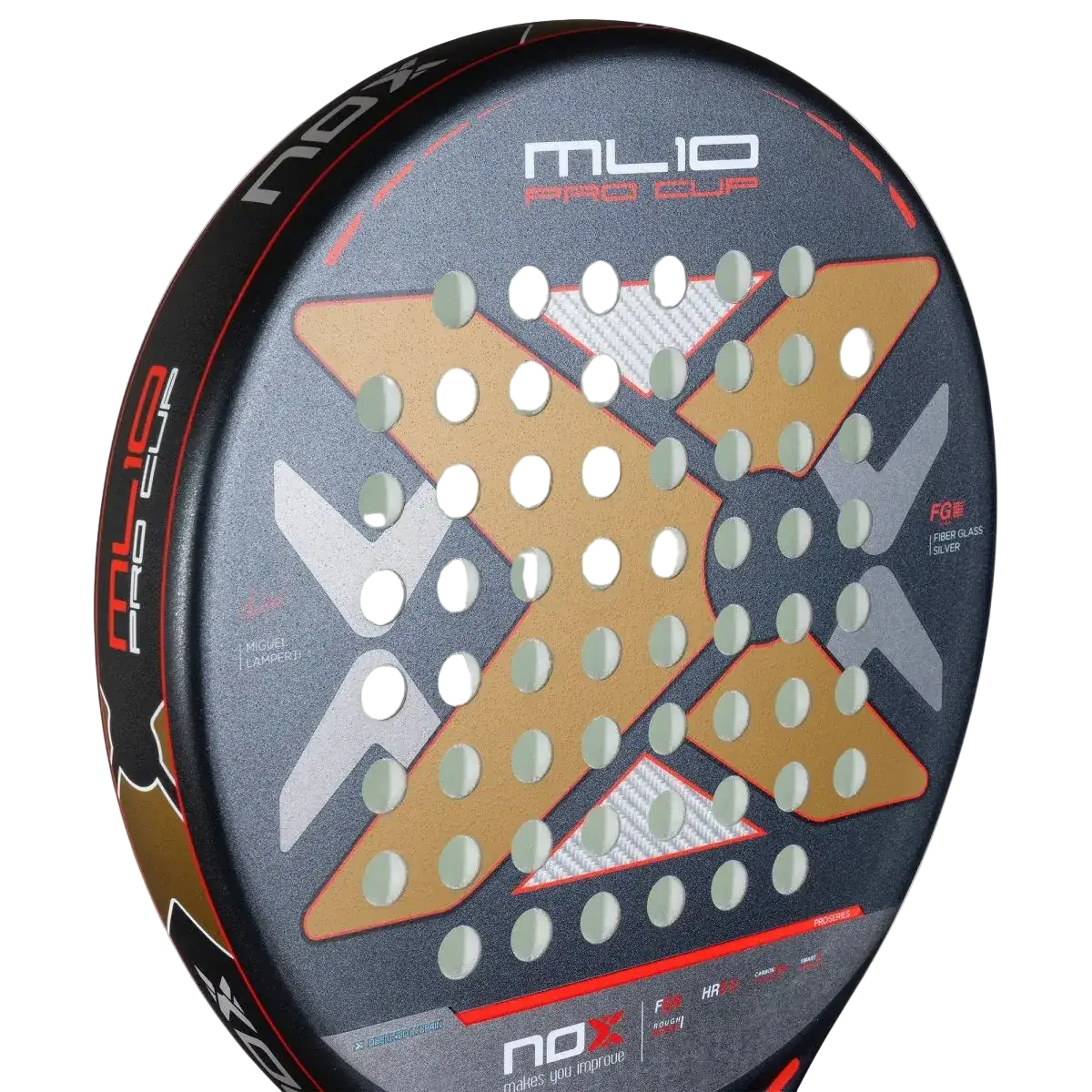 Nox ML10 Pro Cup Silver 2025 padel racket sweet spot detail highlighting round shape and control oriented drilling, designed for intermediate players