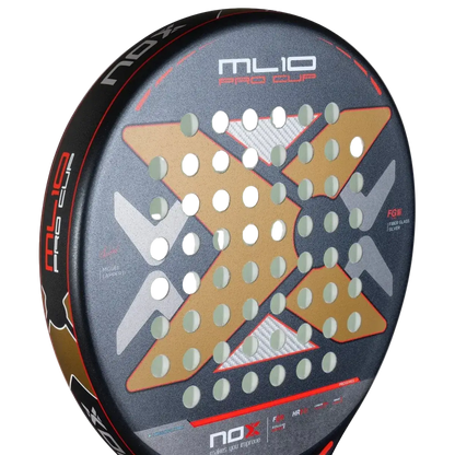 Nox ML10 Pro Cup Silver 2025 padel racket sweet spot detail highlighting round shape and control oriented drilling, designed for intermediate players