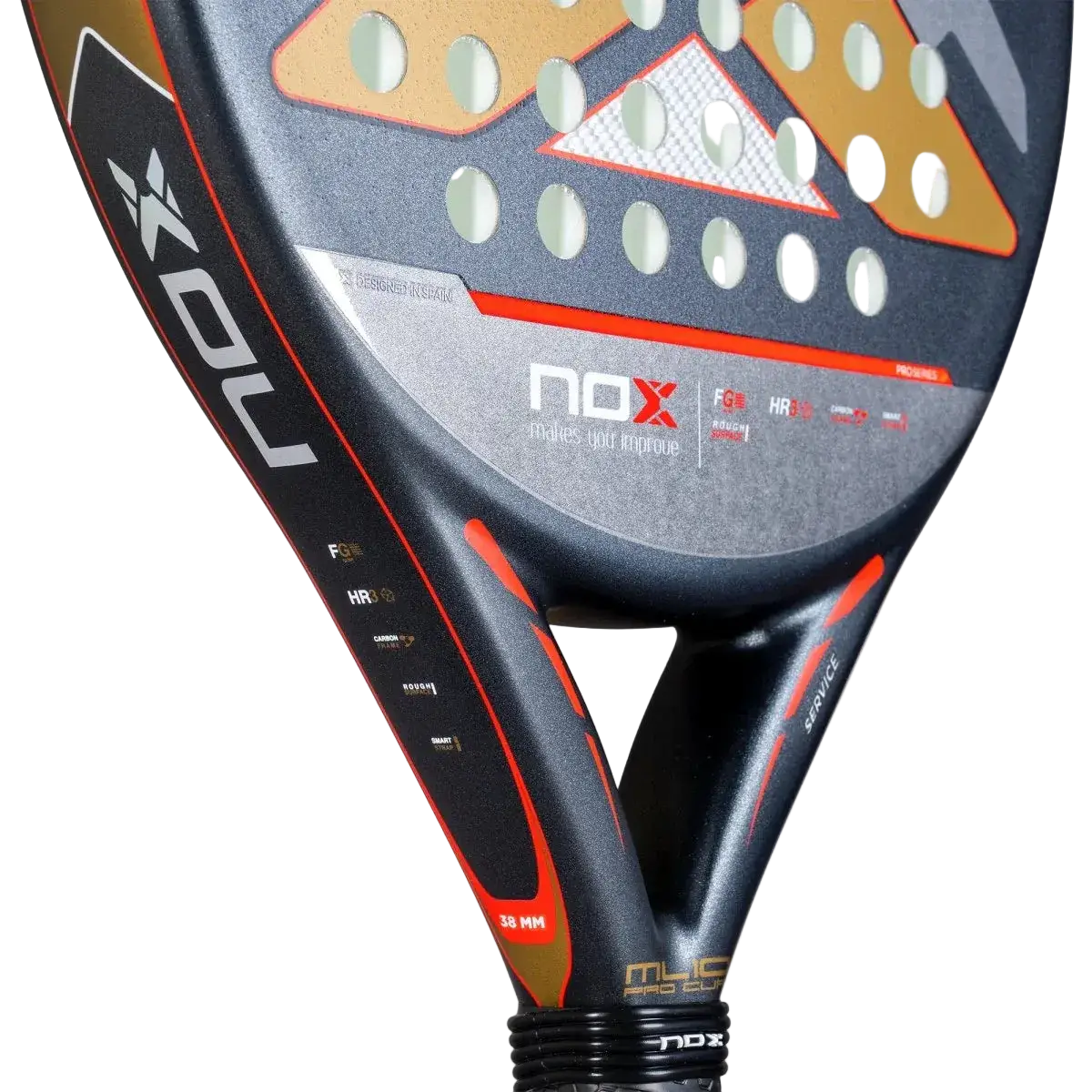 Nox ML10 Pro Cup Silver 2025 padel racket throat detail showing reinforced bridge for stability and comfort, designed for intermediate players