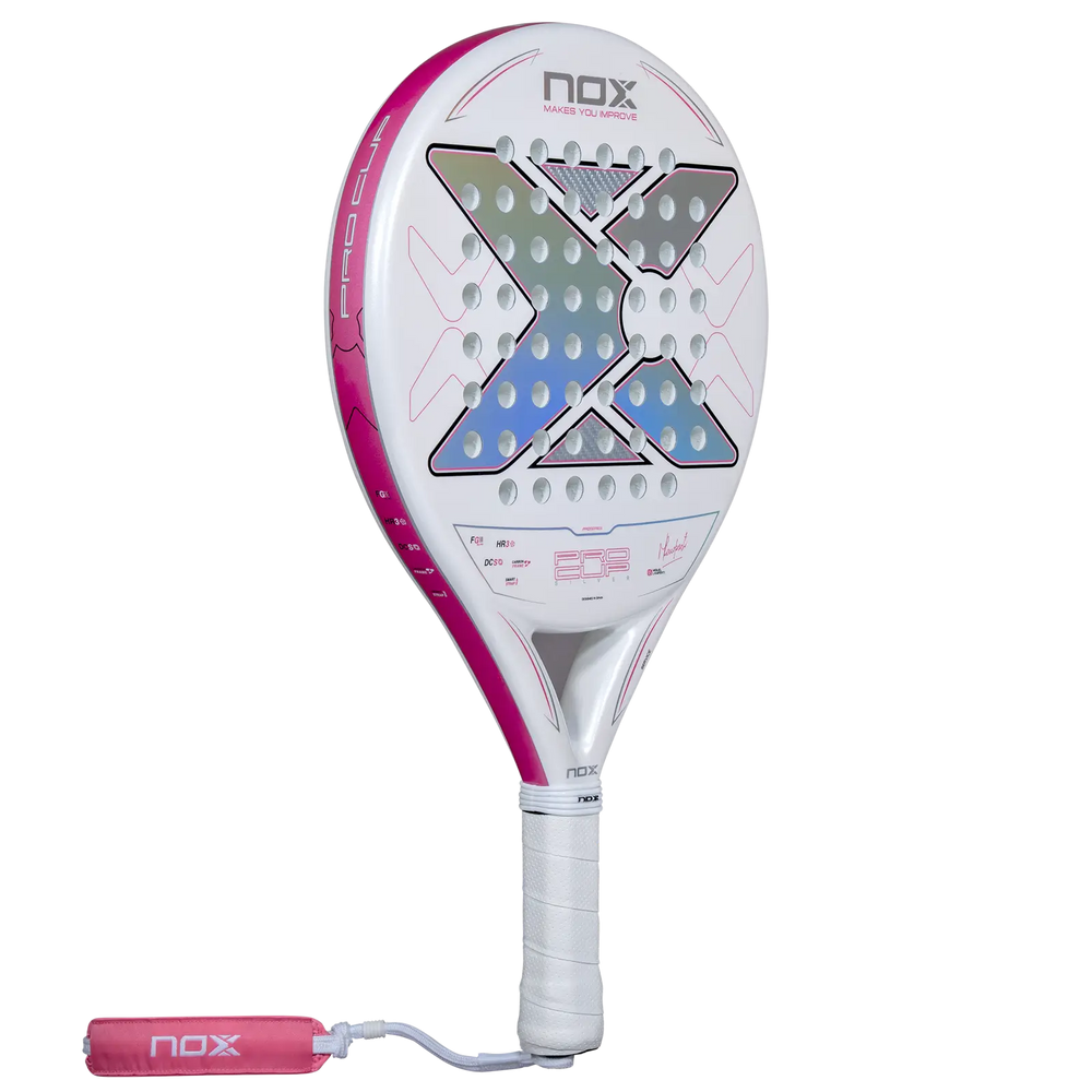 Nox ML10 Pro Cup Silver 2027 padel racket angled view showing white face, pink frame and silver detailing