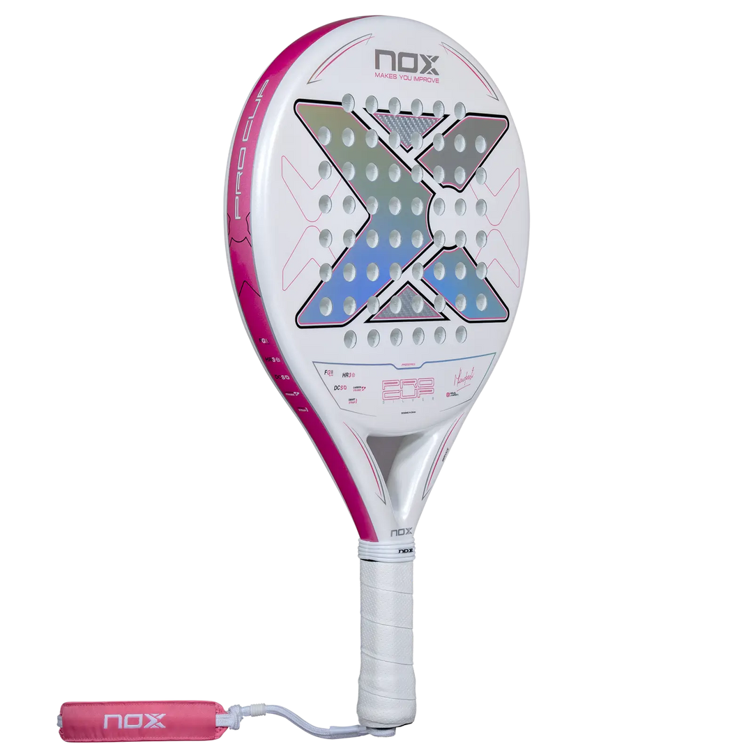 Nox ML10 Pro Cup Silver 2027 padel racket angled view showing white face, pink frame and silver detailing