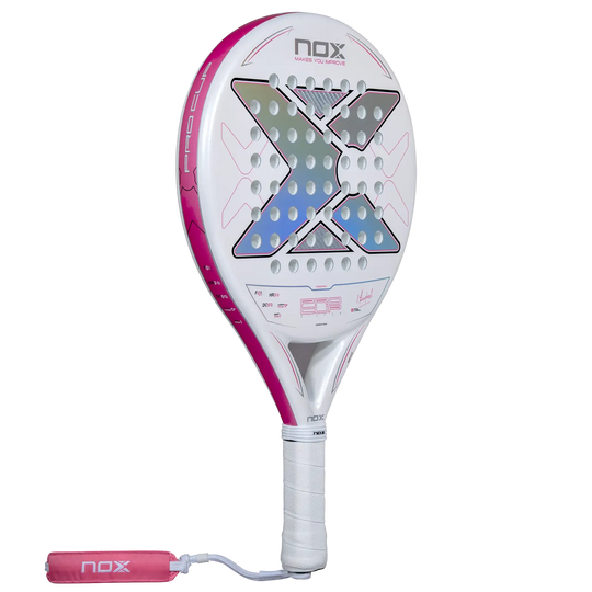 Nox ML10 Pro Cup Silver 2027 padel racket angled view showing white face, pink frame and silver detailing